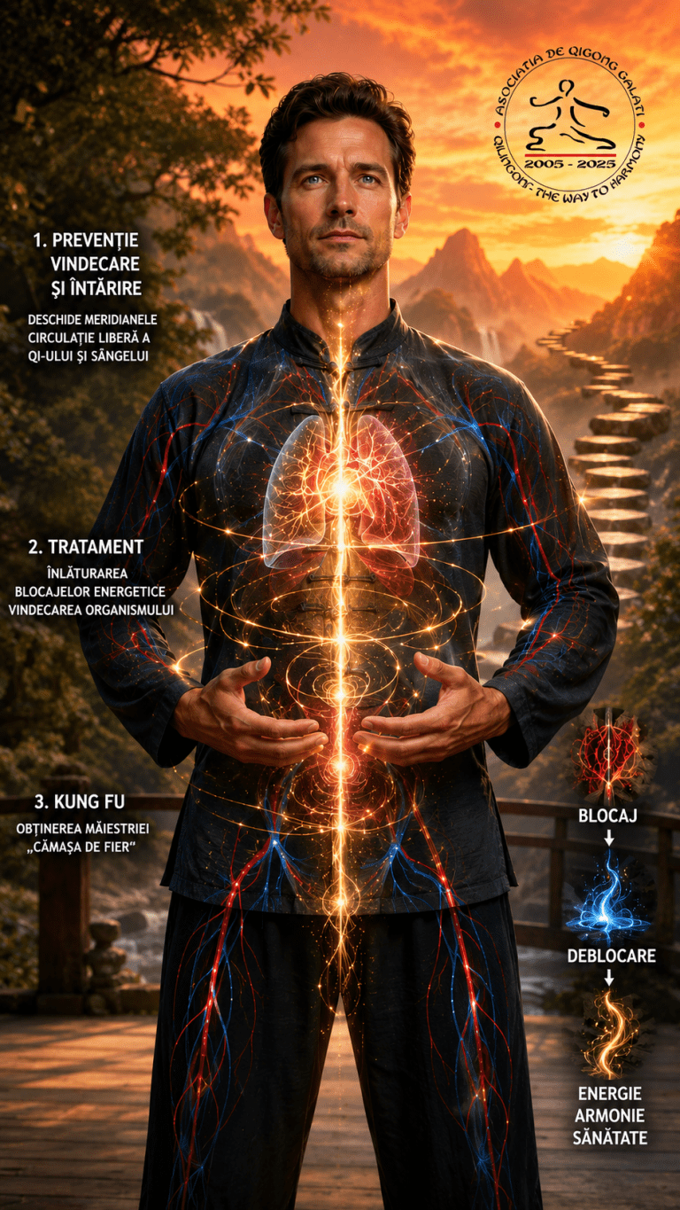Bărbat practicând Bateriile Qigong la răsărit, cu meridiane energetice iluminate și efecte vizuale care simbolizează deblocarea energiei, vindecarea corpului și Cămașa de Fier în Qigong.