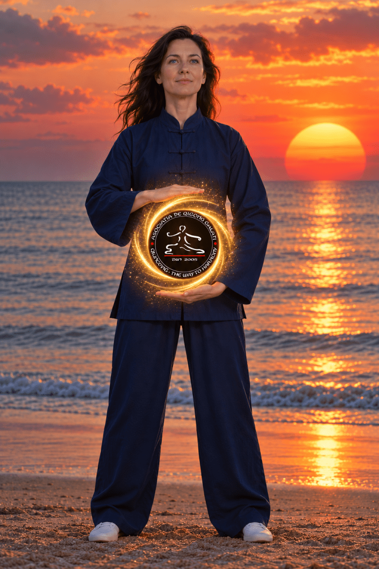 Practicantă de Qigong în costum albastru închis, meditând la răsărit pe malul mării și ținând între palme energia QilinGong